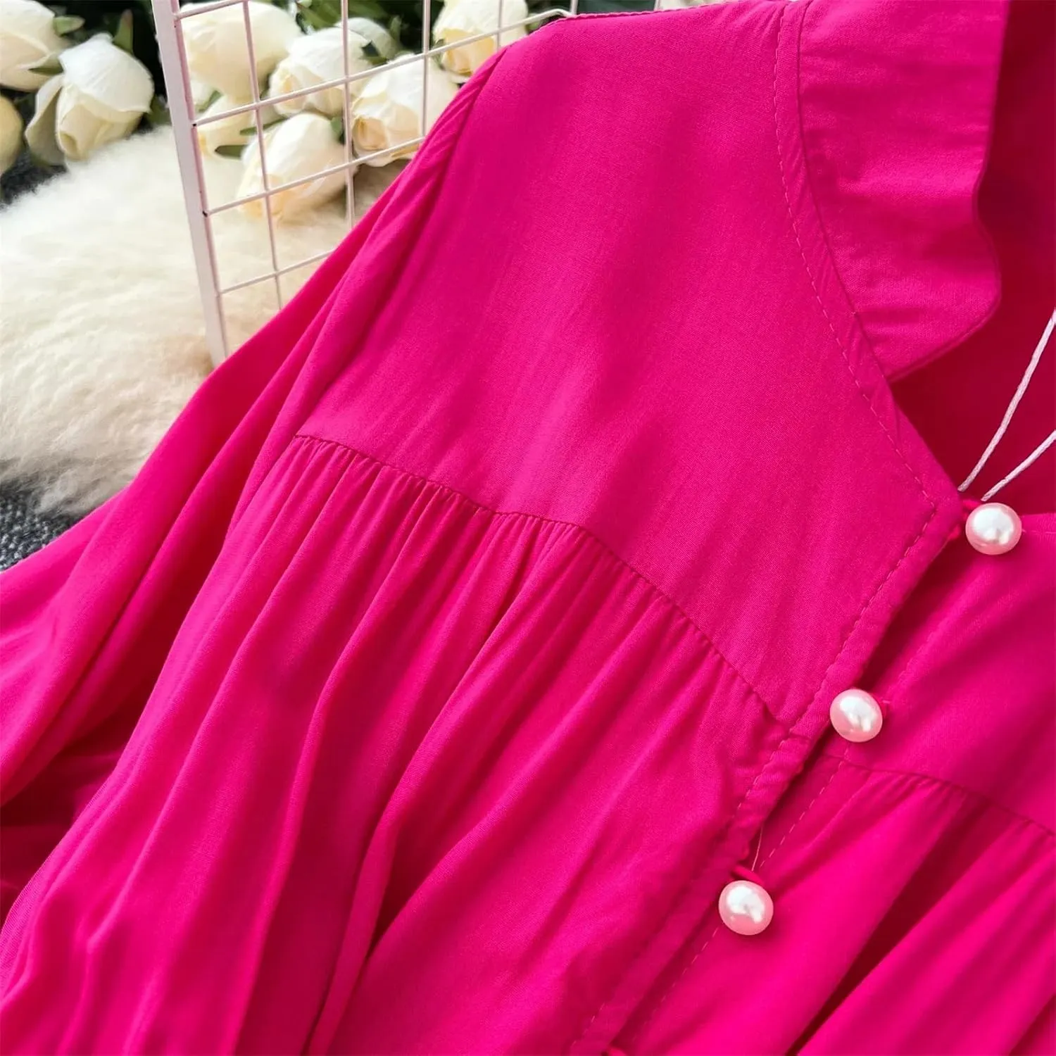 Vintage Korean Women Stand Neck Lantern Sleeve Elegant Spliced Single Breasted Lace Slim Dress