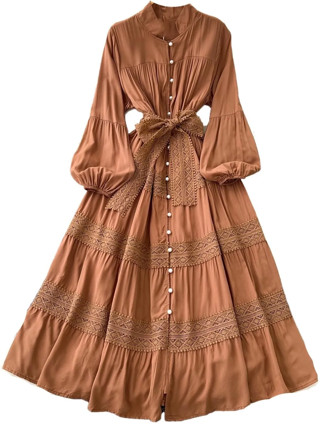 Vintage Korean Women Stand Neck Lantern Sleeve Elegant Spliced Single Breasted Lace Slim Dress