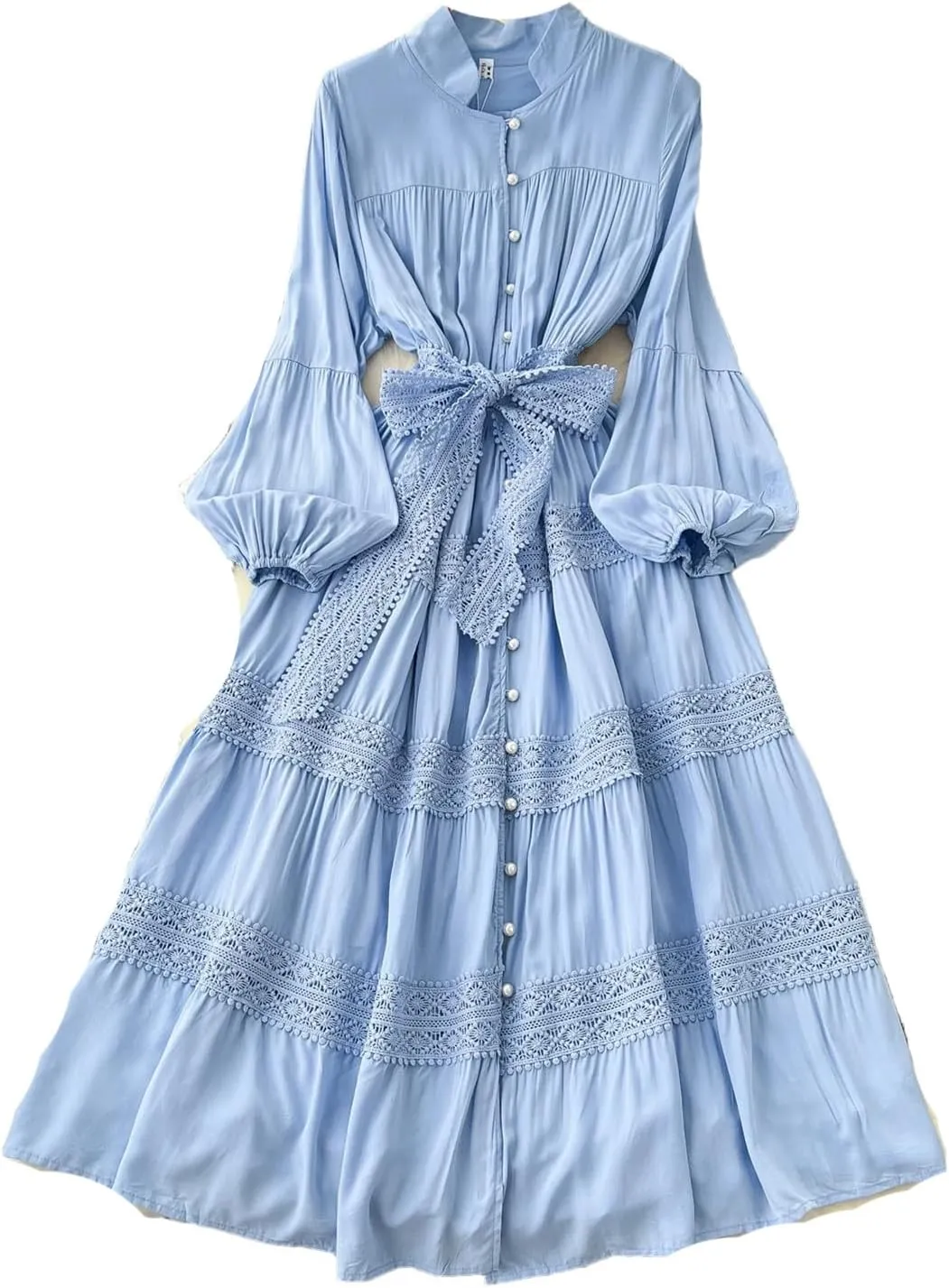 Vintage Korean Women Stand Neck Lantern Sleeve Elegant Spliced Single Breasted Lace Slim Dress