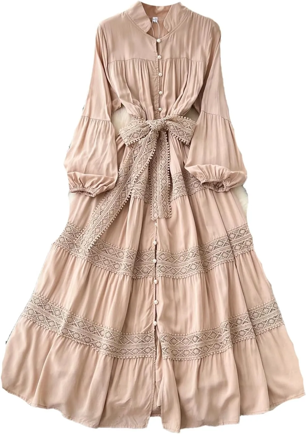 Vintage Korean Women Stand Neck Lantern Sleeve Elegant Spliced Single Breasted Lace Slim Dress