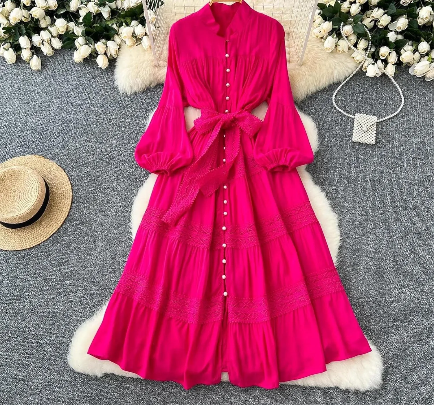 Vintage Korean Women Stand Neck Lantern Sleeve Elegant Spliced Single Breasted Lace Slim Dress