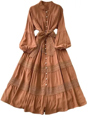 Vintage Korean Women Stand Neck Lantern Sleeve Elegant Spliced Single Breasted Lace Slim Dress