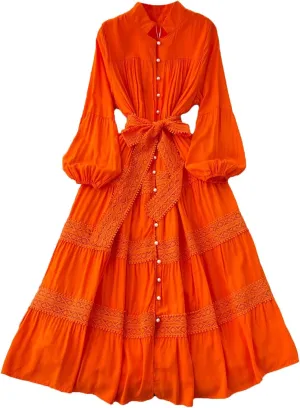 Vintage Korean Women Stand Neck Lantern Sleeve Elegant Spliced Single Breasted Lace Slim Dress