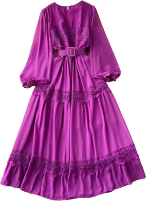 Vintage Lace Patchwork Long Dress Elegant Round Neck Puff Sleeve Big Swing Maxi Robe Female Party Dress