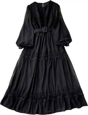 Vintage Lace Patchwork Long Dress Elegant Round Neck Puff Sleeve Big Swing Maxi Robe Female Party Dress