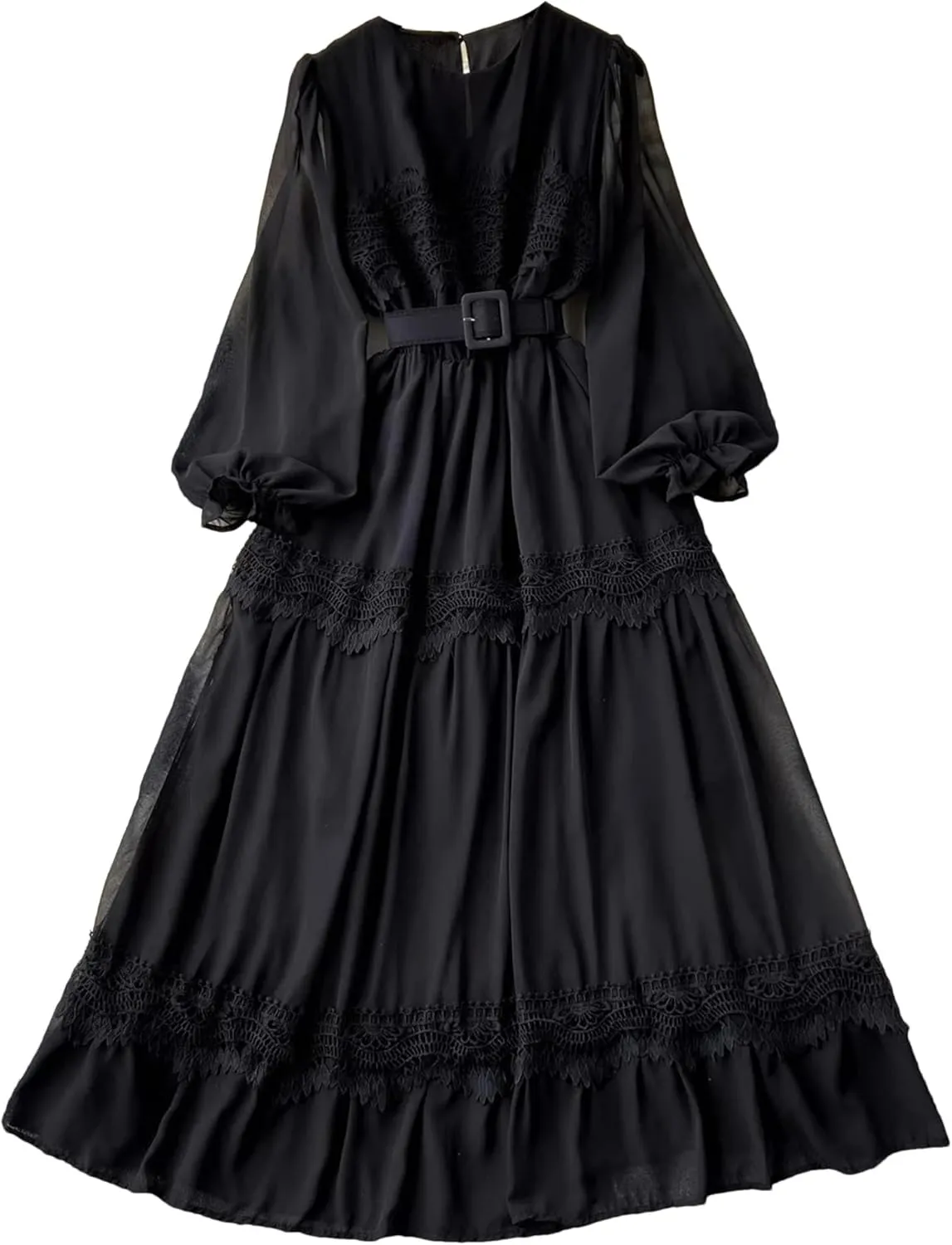Vintage Lace Patchwork Long Dress Elegant Round Neck Puff Sleeve Big Swing Maxi Robe Female Party Dress
