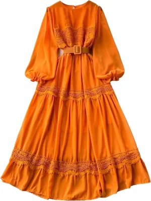 Vintage Lace Patchwork Long Dress Elegant Round Neck Puff Sleeve Big Swing Maxi Robe Female Party Dress