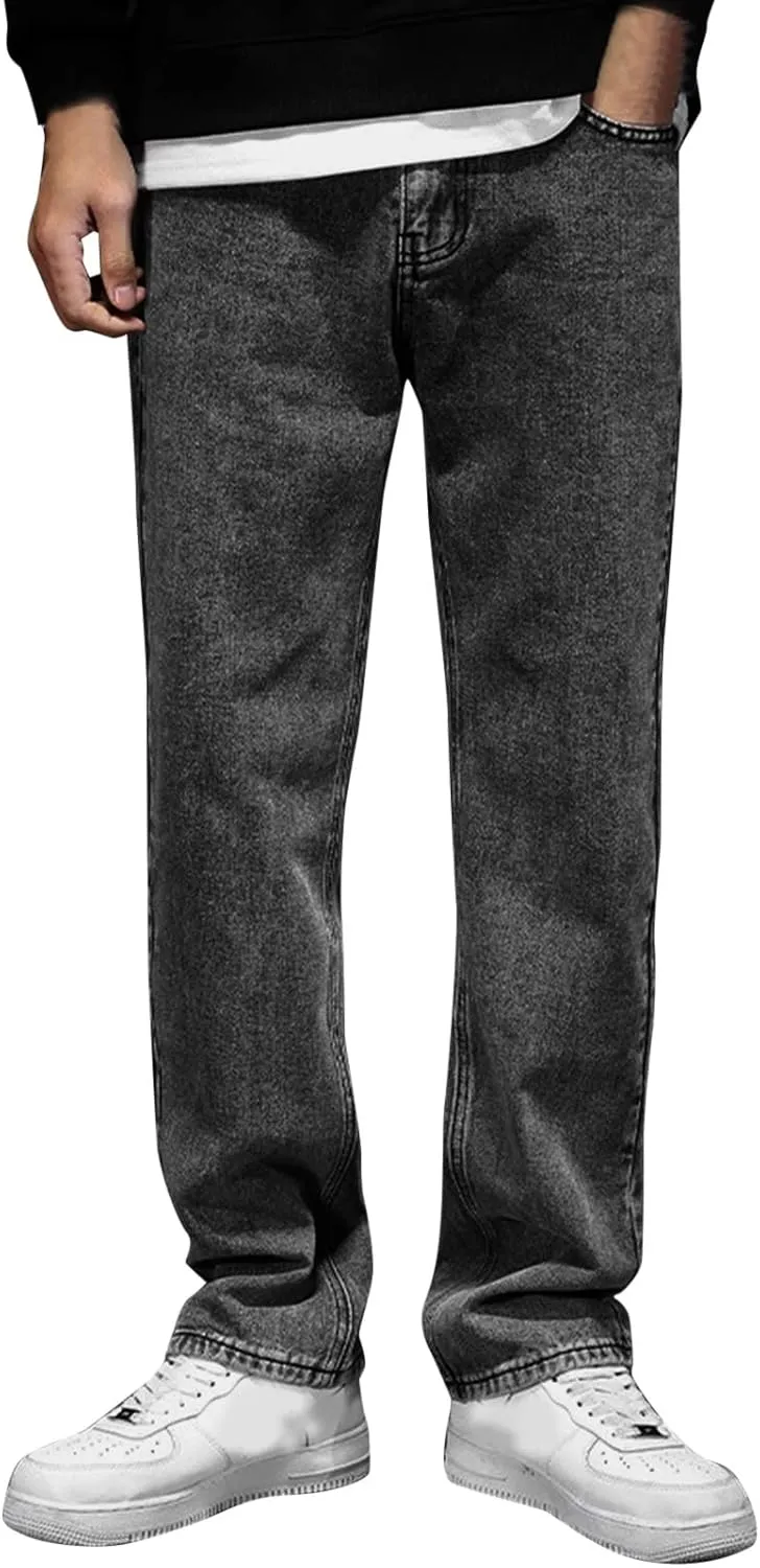 WABEOR Men's Straight Fit Jeans Baggy Loose Wide-Leg Y2k Denim Pants Fashion Streetwear Casual Distressed Relaxed Fit Trouser Grey