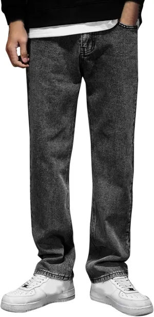 WABEOR Men's Straight Fit Jeans Baggy Loose Wide-Leg Y2k Denim Pants Fashion Streetwear Casual Distressed Relaxed Fit Trouser Grey
