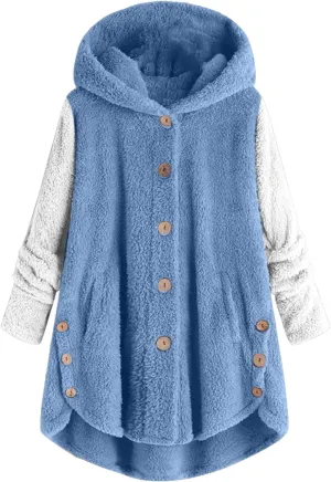 Winter Coats for Women Button Hem Plus Size Hoodie Top Sweater Blouse Color Block Patchwork Cardigan Coats Womens