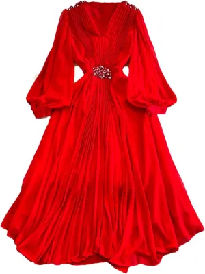 Women Beach Vacation Elegant Puff Sleeve Robe Draped Chiffon Pleated Party Long Dress