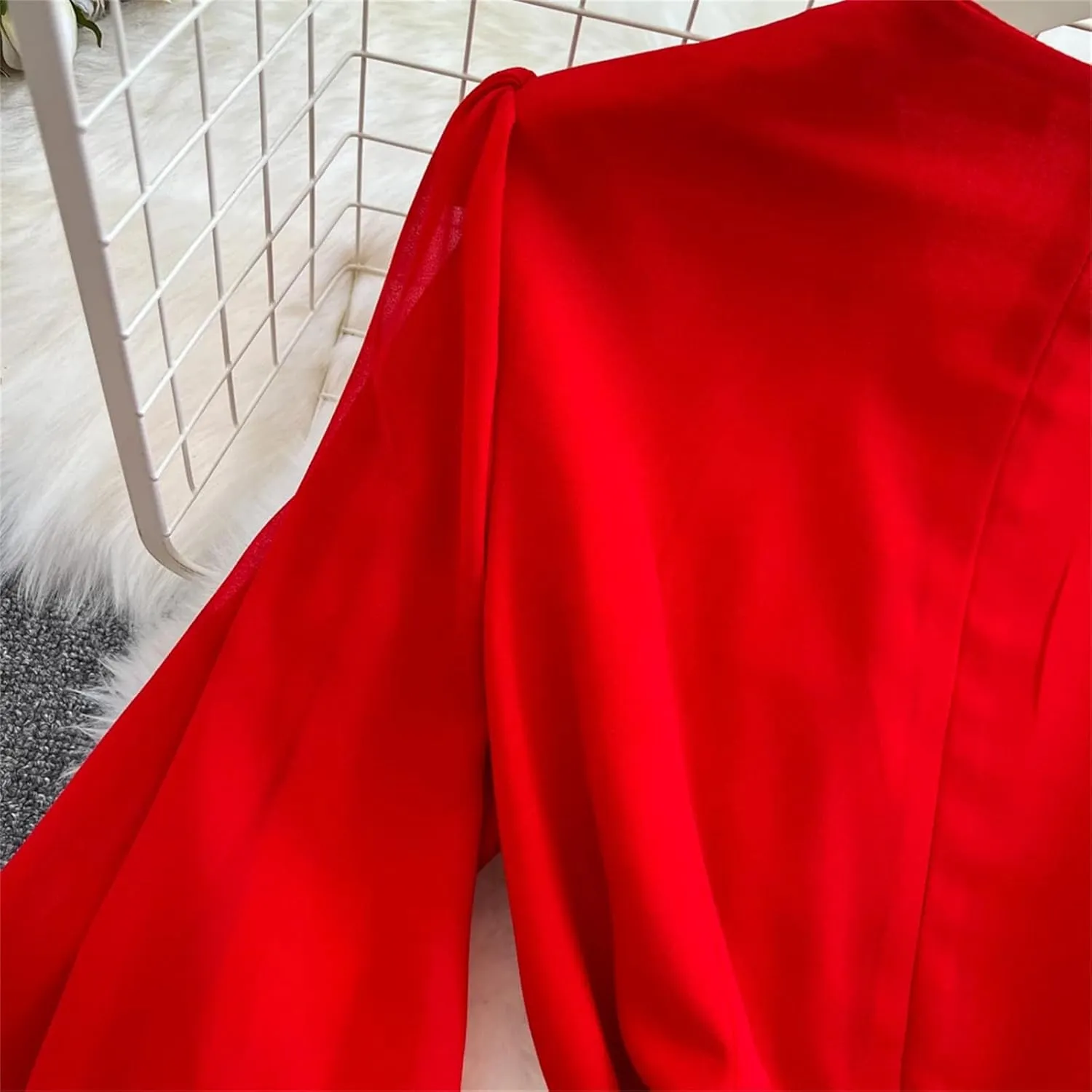 Women Beach Vacation Elegant Puff Sleeve Robe Draped Chiffon Pleated Party Long Dress