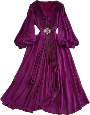 Women Beach Vacation Elegant Puff Sleeve Robe Draped Chiffon Pleated Party Long Dress