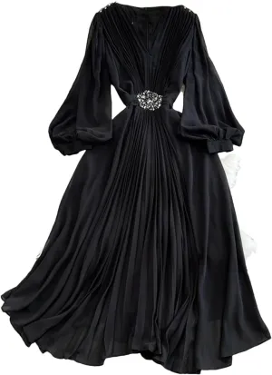 Women Beach Vacation Elegant Puff Sleeve Robe Draped Chiffon Pleated Party Long Dress
