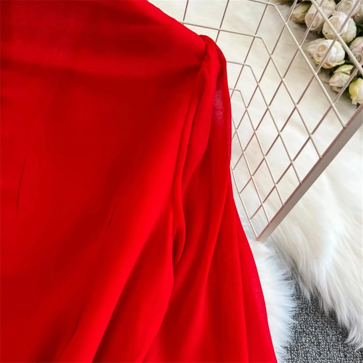 Women Beach Vacation Elegant Puff Sleeve Robe Draped Chiffon Pleated Party Long Dress