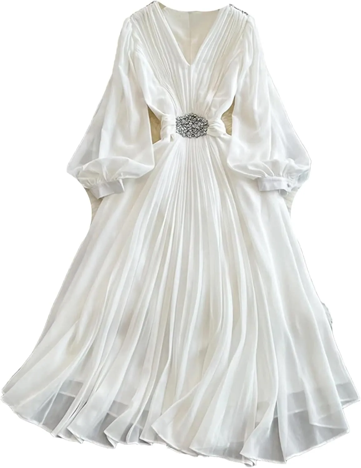 Women Beach Vacation Elegant Puff Sleeve Robe Draped Chiffon Pleated Party Long Dress