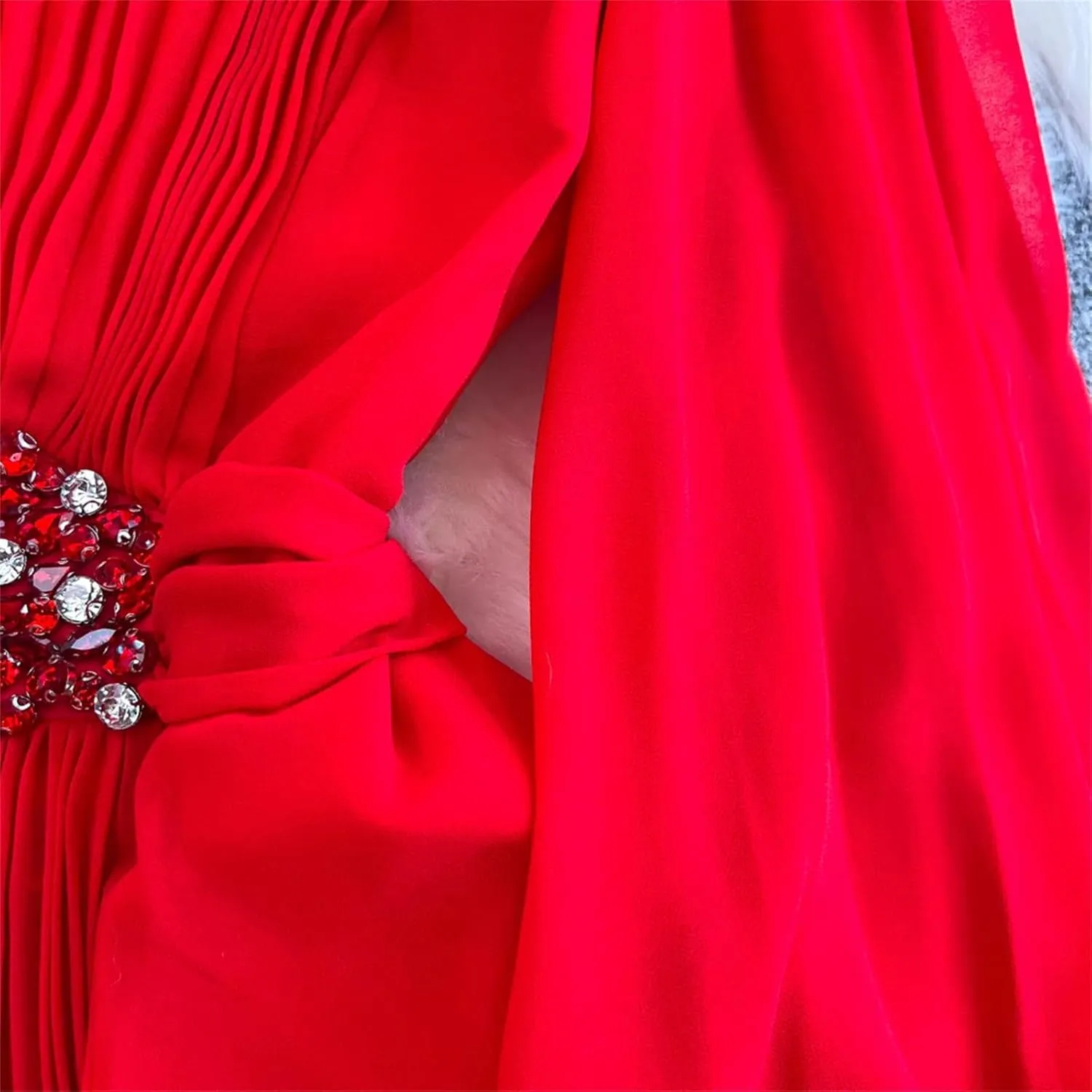 Women Beach Vacation Elegant Puff Sleeve Robe Draped Chiffon Pleated Party Long Dress