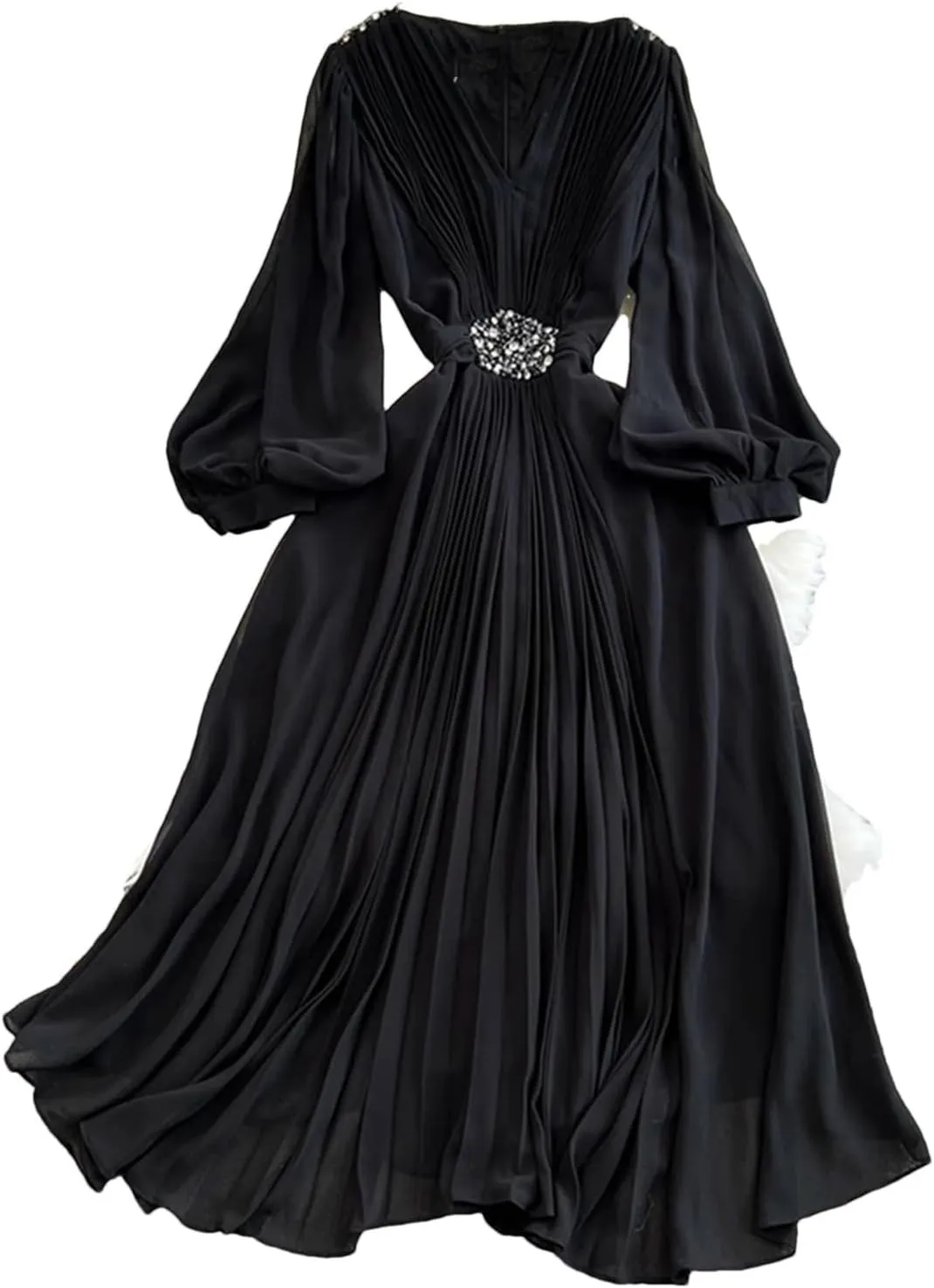 Women Beach Vacation Elegant Puff Sleeve Robe Draped Chiffon Pleated Party Long Dress