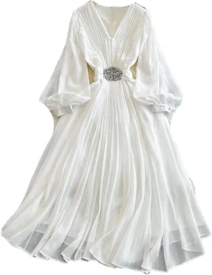 Women Beach Vacation Elegant Puff Sleeve Robe Draped Chiffon Pleated Party Long Dress
