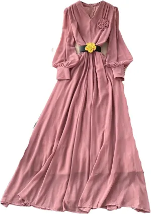Women Elegant Floral Sashes Dress Long Sleeve V-Neck Women French Fashion Summer Dress