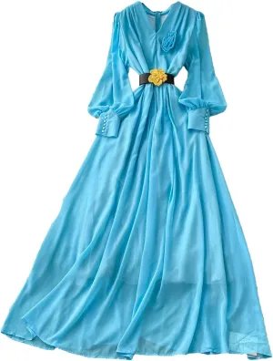 Women Elegant Floral Sashes Dress Long Sleeve V-Neck Women French Fashion Summer Dress