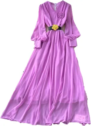 Women Elegant Floral Sashes Dress Long Sleeve V-Neck Women French Fashion Summer Dress