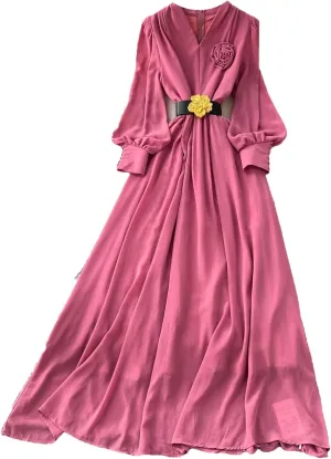 Women Elegant Floral Sashes Dress Long Sleeve V-Neck Women French Fashion Summer Dress