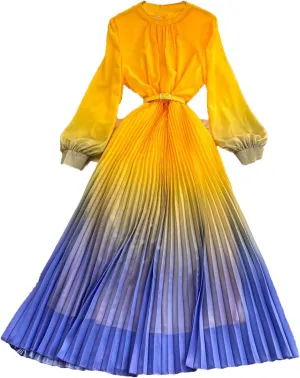 Women Gradient Color Dresses Pullover Lantern Sleeves Pleated Belt Loose Summer Long Dress