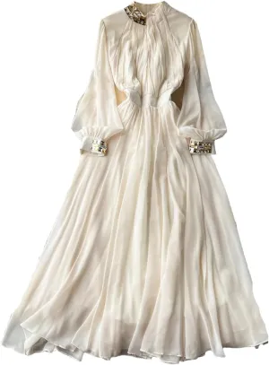 Women Print Elegant Summer Stand-Up Neck Pleated Dress A-Line Lantern Sleeves Vacation Party Chiffon Long Dresses