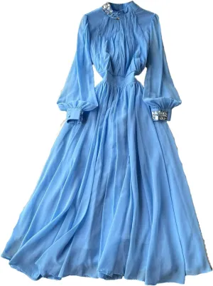 Women Print Elegant Summer Stand-Up Neck Pleated Dress A-Line Lantern Sleeves Vacation Party Chiffon Long Dresses