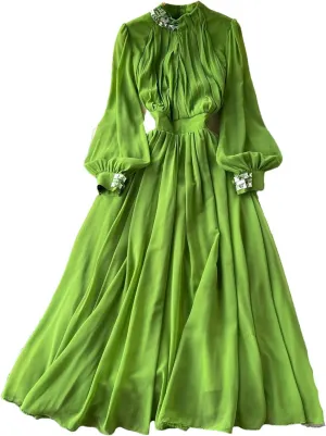 Women Print Elegant Summer Stand-Up Neck Pleated Dress A-Line Lantern Sleeves Vacation Party Chiffon Long Dresses