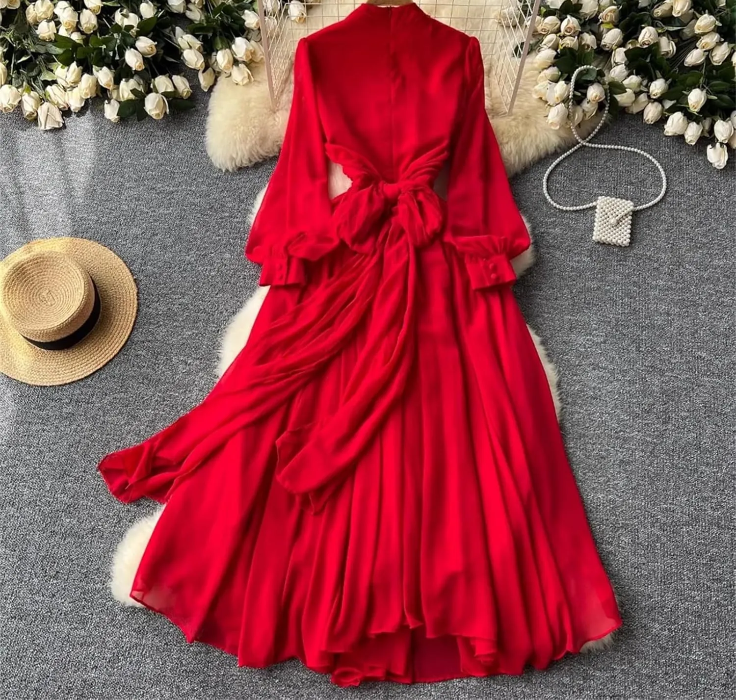Women Print Elegant Summer Stand-Up Neck Pleated Dress A-Line Lantern Sleeves Vacation Party Chiffon Long Dresses