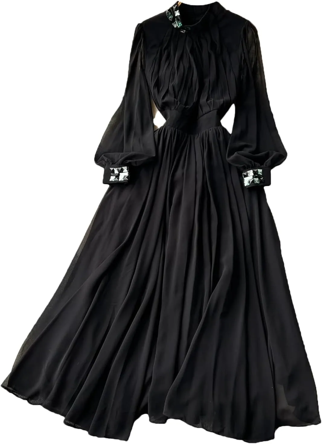 Women Print Elegant Summer Stand-Up Neck Pleated Dress A-Line Lantern Sleeves Vacation Party Chiffon Long Dresses