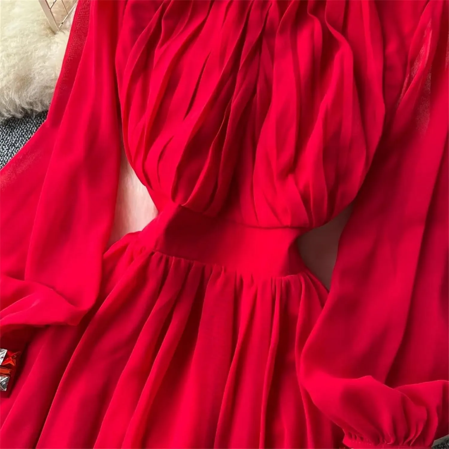 Women Print Elegant Summer Stand-Up Neck Pleated Dress A-Line Lantern Sleeves Vacation Party Chiffon Long Dresses