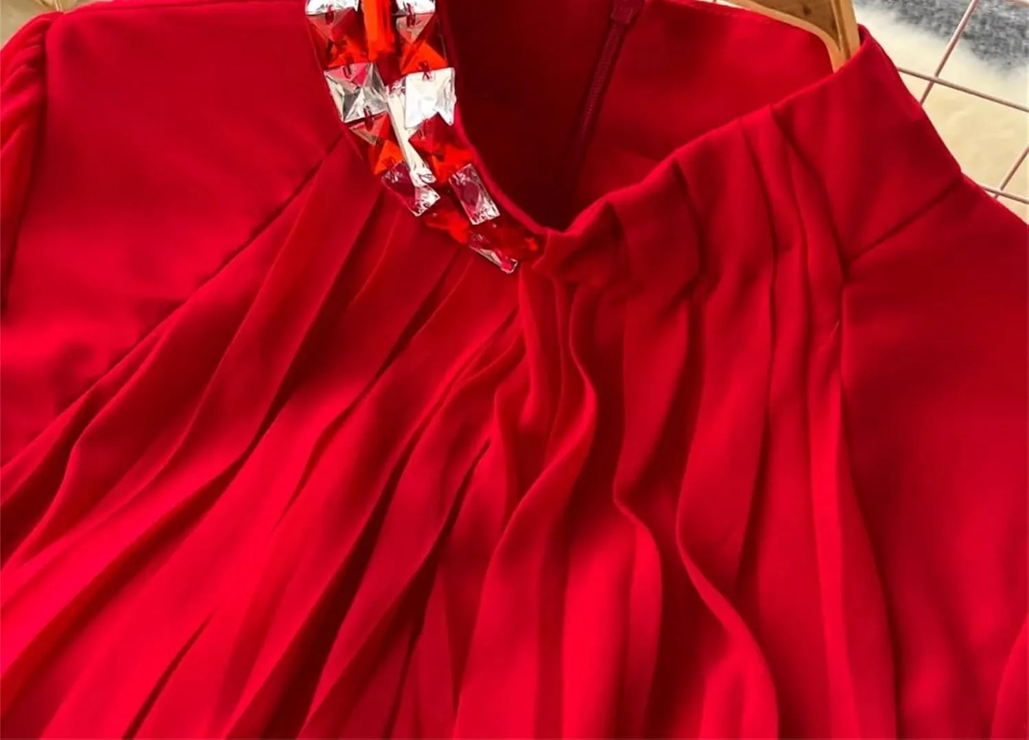 Women Print Elegant Summer Stand-Up Neck Pleated Dress A-Line Lantern Sleeves Vacation Party Chiffon Long Dresses
