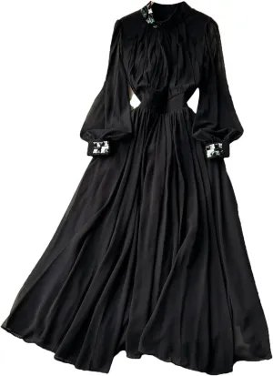 Women Print Elegant Summer Stand-Up Neck Pleated Dress A-Line Lantern Sleeves Vacation Party Chiffon Long Dresses