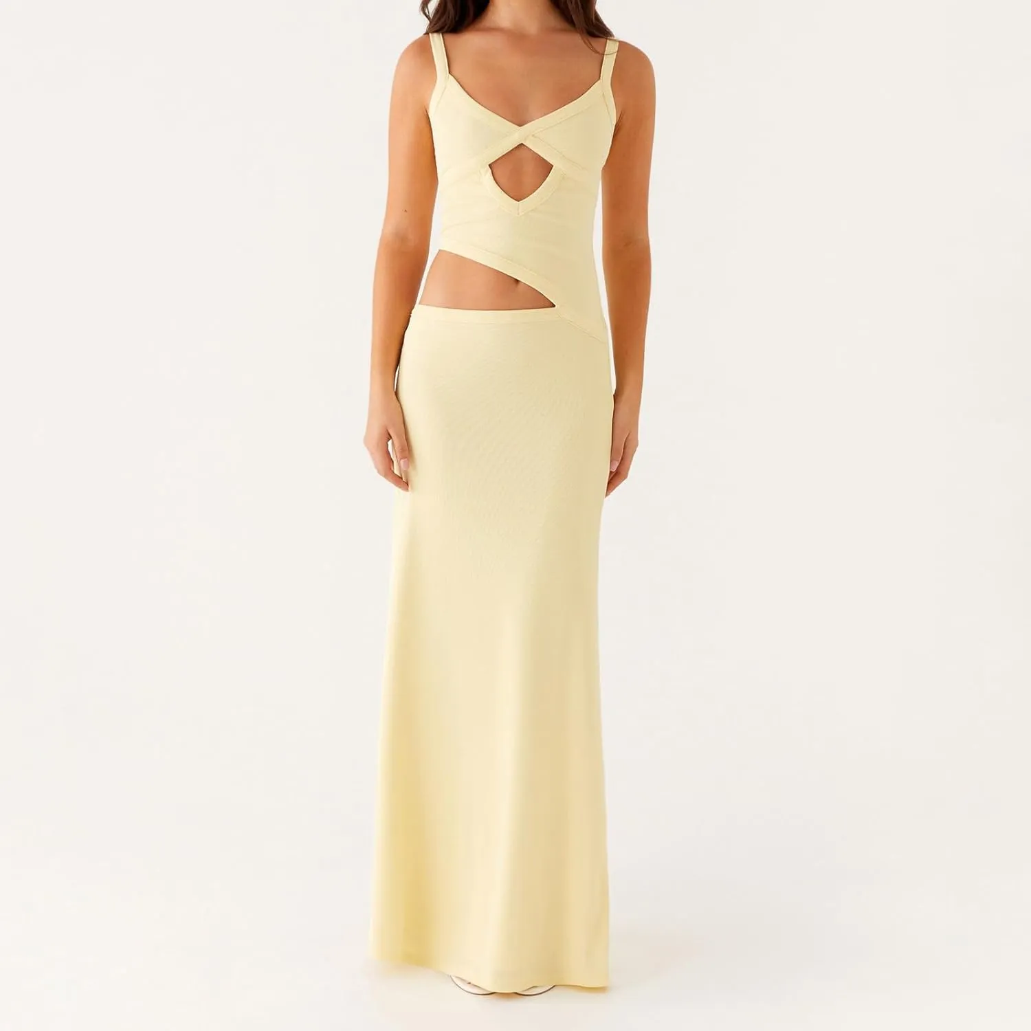Women Sexy Spaghetti Strap Maxi Dresses Cutout Bodycon Cami Long Slip Dress Sleeveless Backless Slim Fit Cami Dress