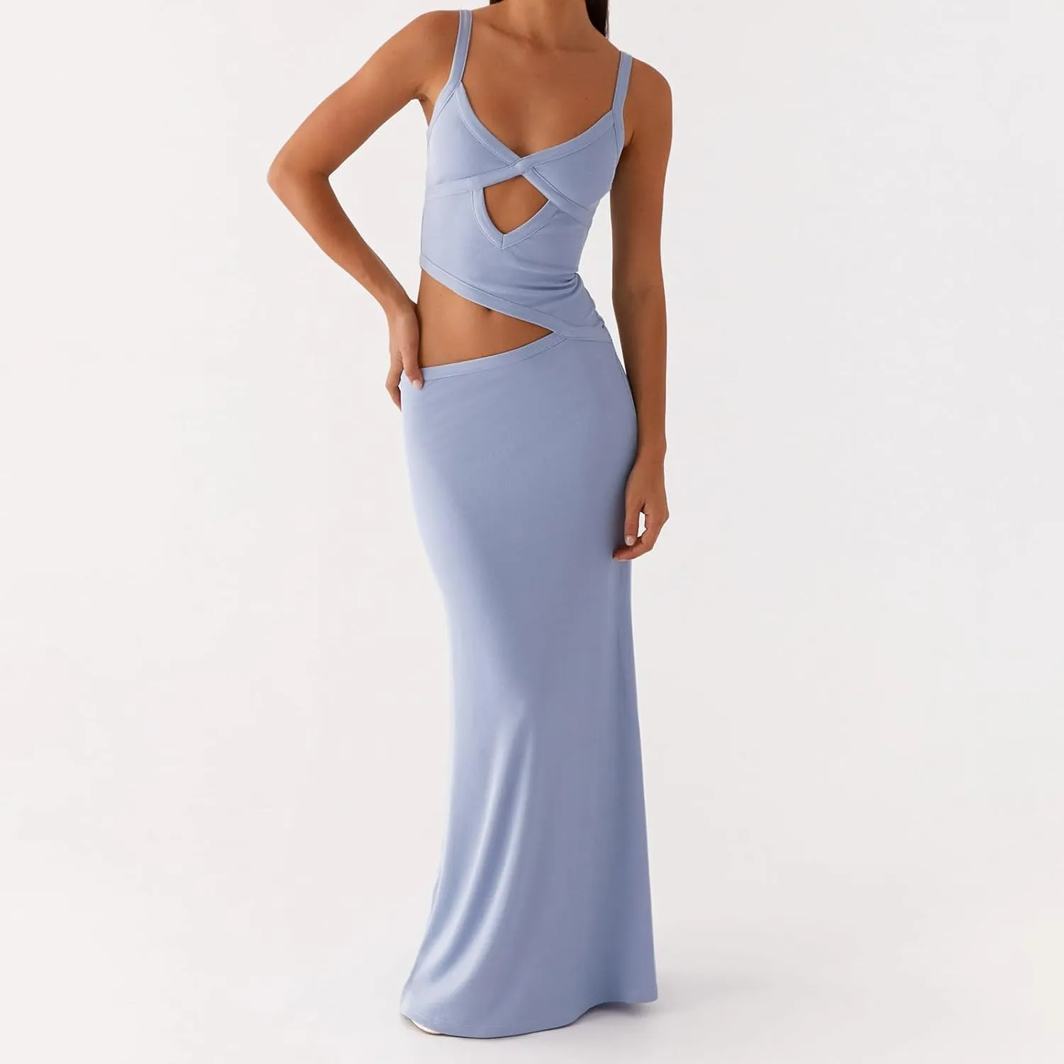 Women Sexy Spaghetti Strap Maxi Dresses Cutout Bodycon Cami Long Slip Dress Sleeveless Backless Slim Fit Cami Dress