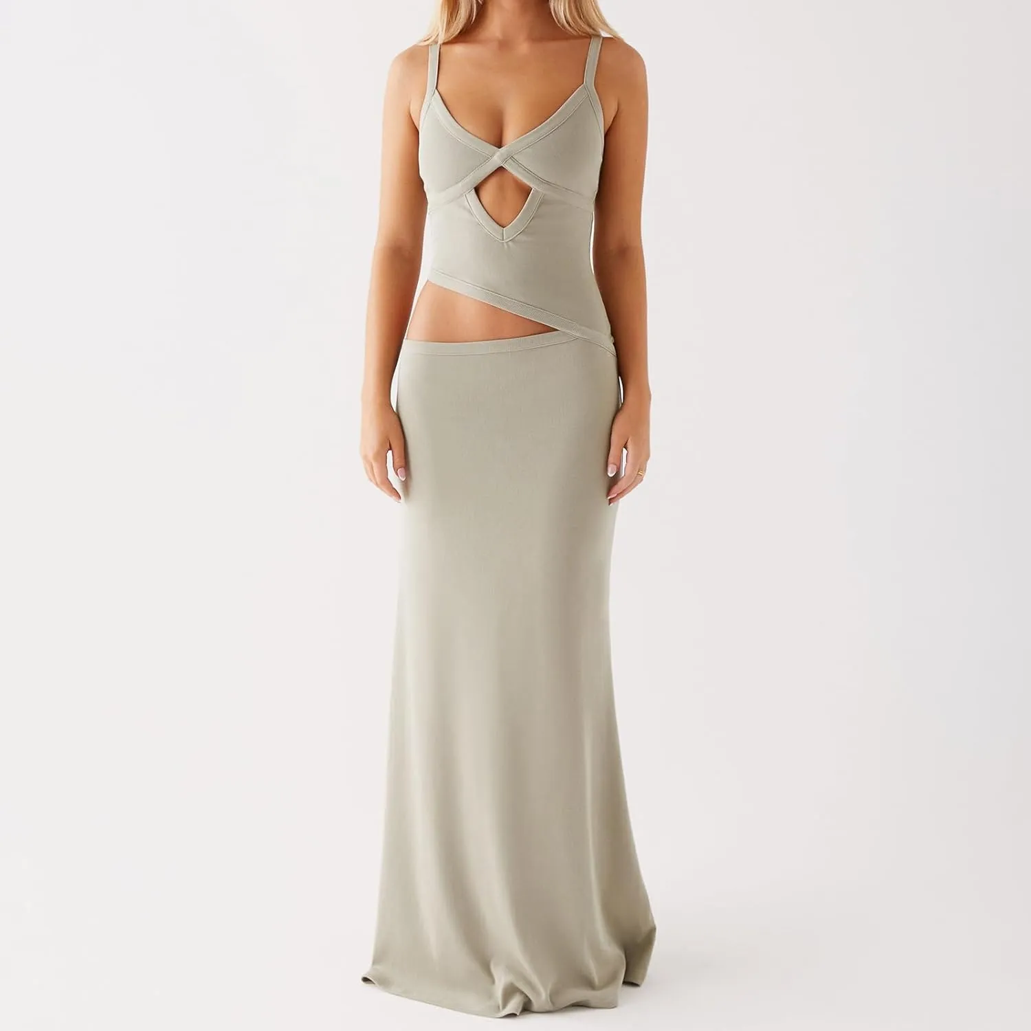 Women Sexy Spaghetti Strap Maxi Dresses Cutout Bodycon Cami Long Slip Dress Sleeveless Backless Slim Fit Cami Dress