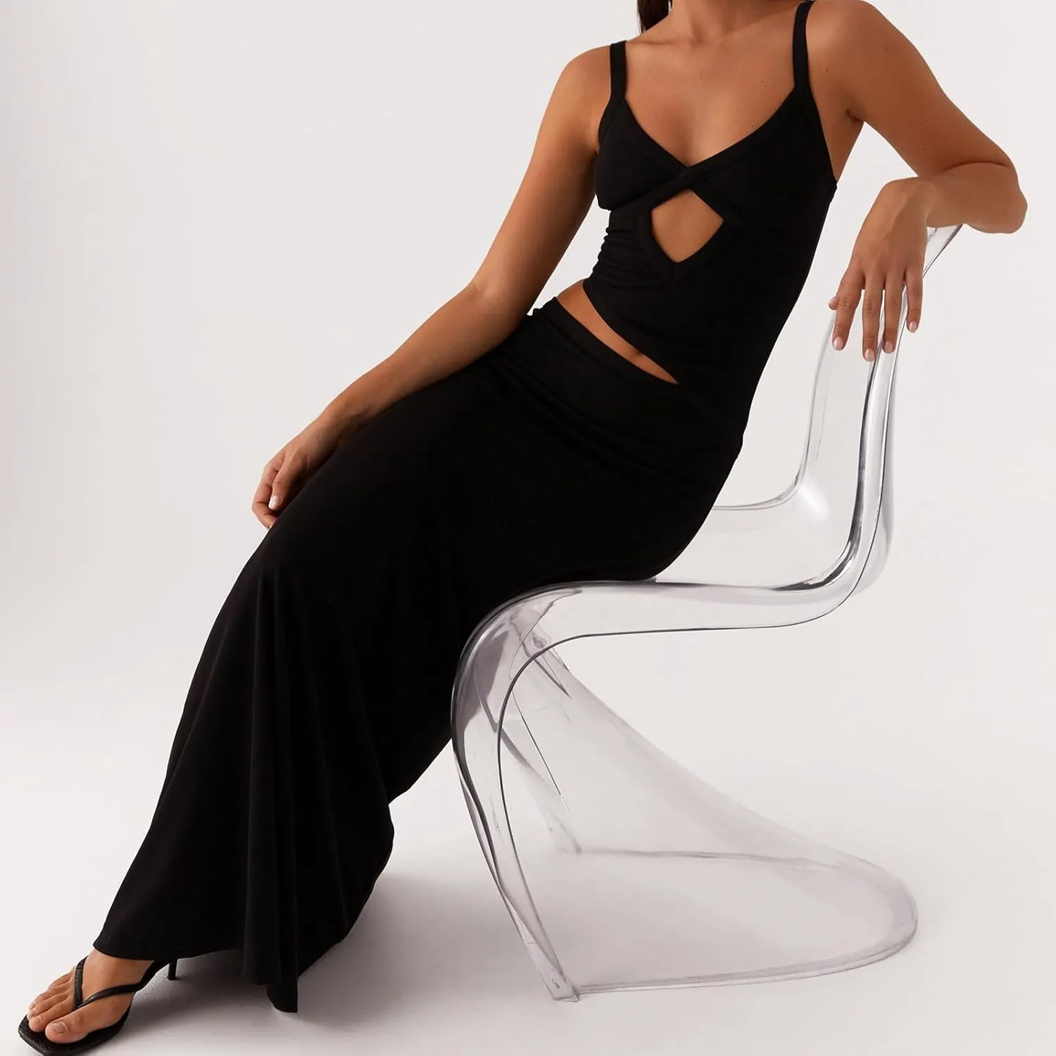 Women Sexy Spaghetti Strap Maxi Dresses Cutout Bodycon Cami Long Slip Dress Sleeveless Backless Slim Fit Cami Dress