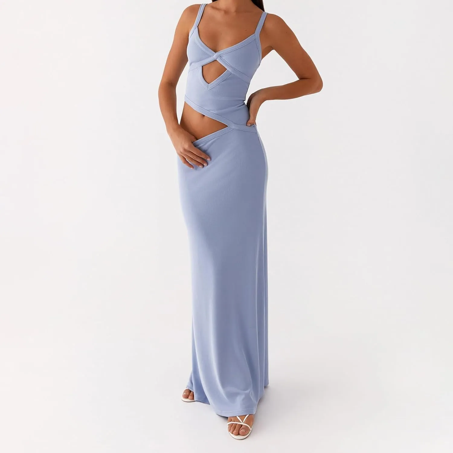 Women Sexy Spaghetti Strap Maxi Dresses Cutout Bodycon Cami Long Slip Dress Sleeveless Backless Slim Fit Cami Dress