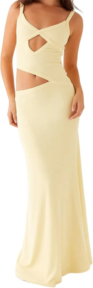 Women Sexy Spaghetti Strap Maxi Dresses Cutout Bodycon Cami Long Slip Dress Sleeveless Backless Slim Fit Cami Dress