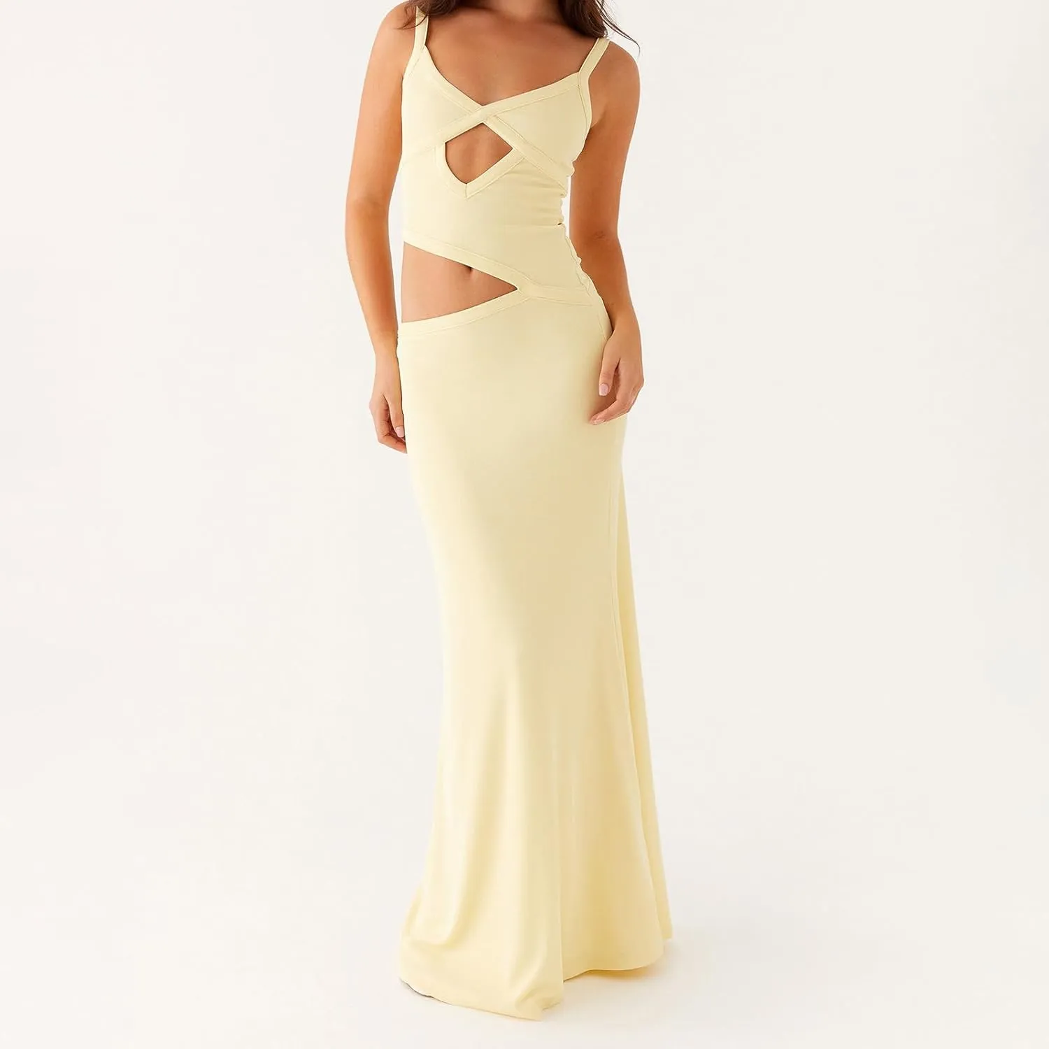 Women Sexy Spaghetti Strap Maxi Dresses Cutout Bodycon Cami Long Slip Dress Sleeveless Backless Slim Fit Cami Dress