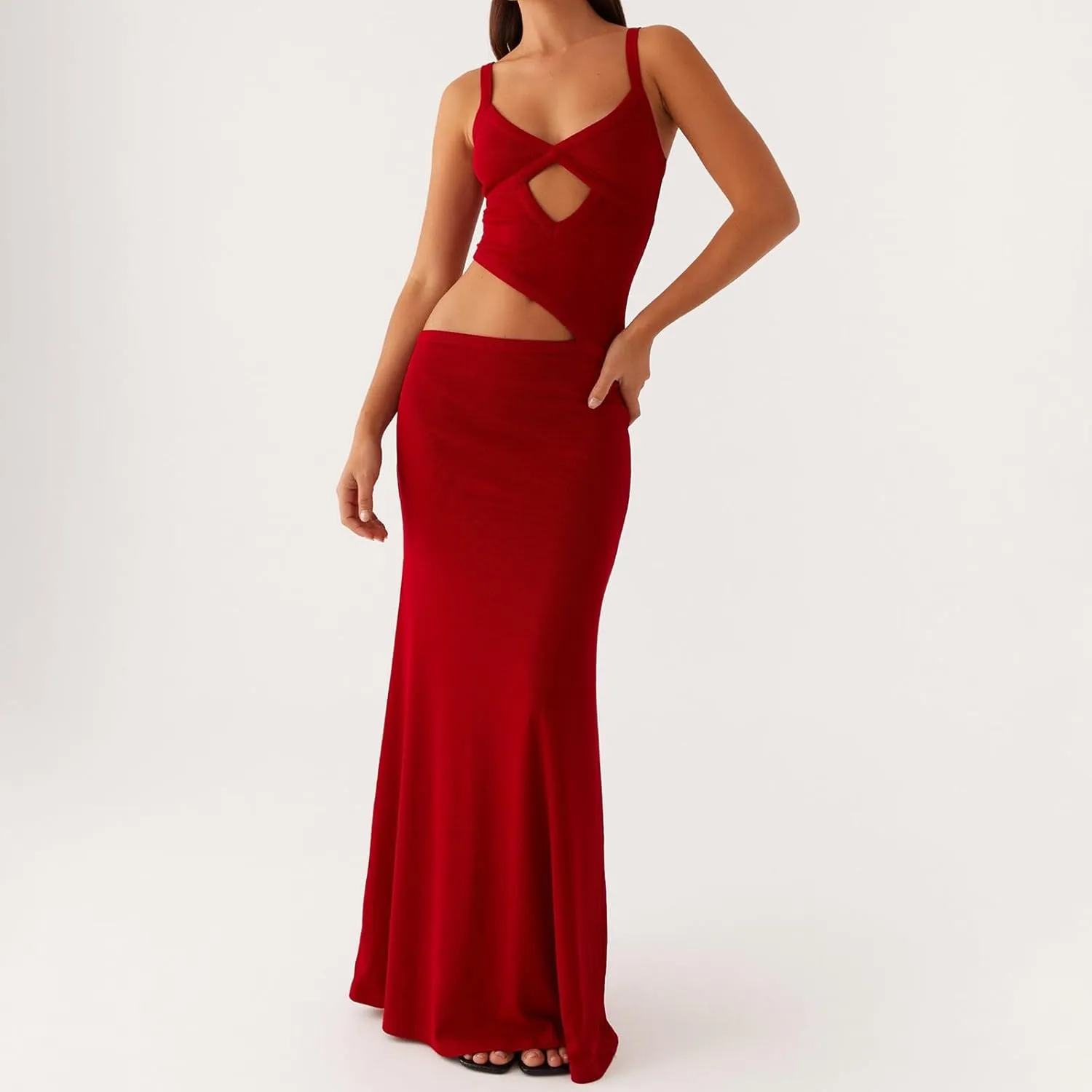 Women Sexy Spaghetti Strap Maxi Dresses Cutout Bodycon Cami Long Slip Dress Sleeveless Backless Slim Fit Cami Dress