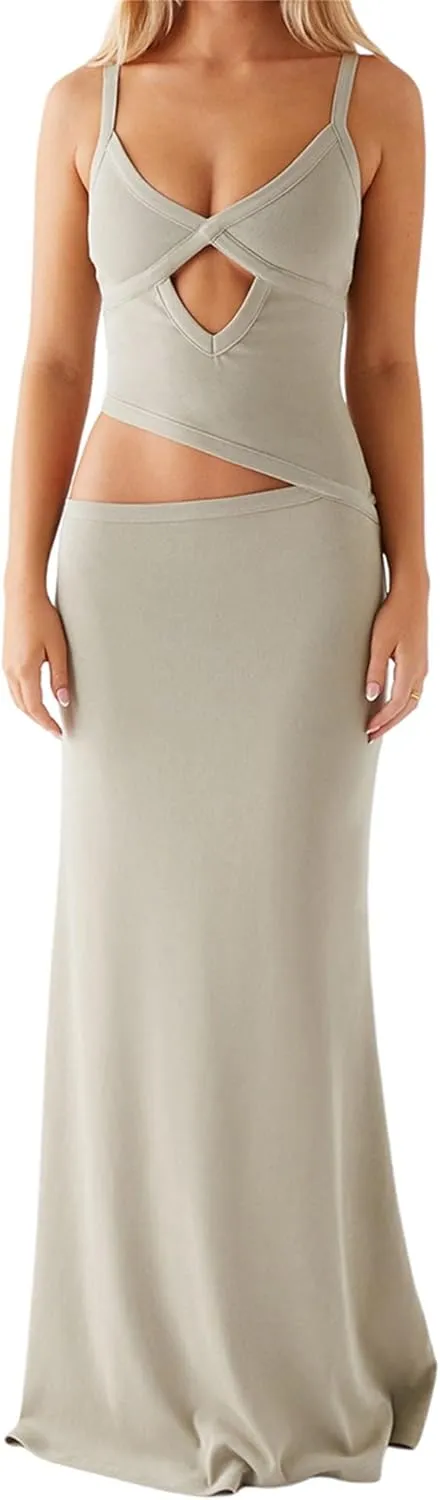 Women Sexy Spaghetti Strap Maxi Dresses Cutout Bodycon Cami Long Slip Dress Sleeveless Backless Slim Fit Cami Dress