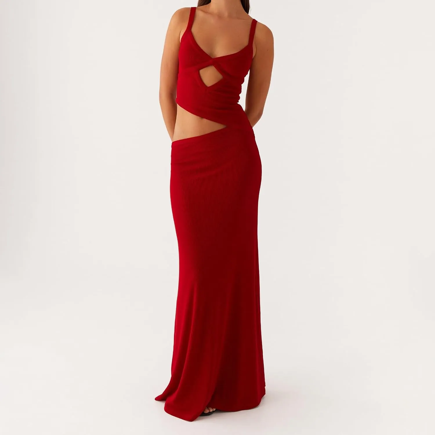 Women Sexy Spaghetti Strap Maxi Dresses Cutout Bodycon Cami Long Slip Dress Sleeveless Backless Slim Fit Cami Dress