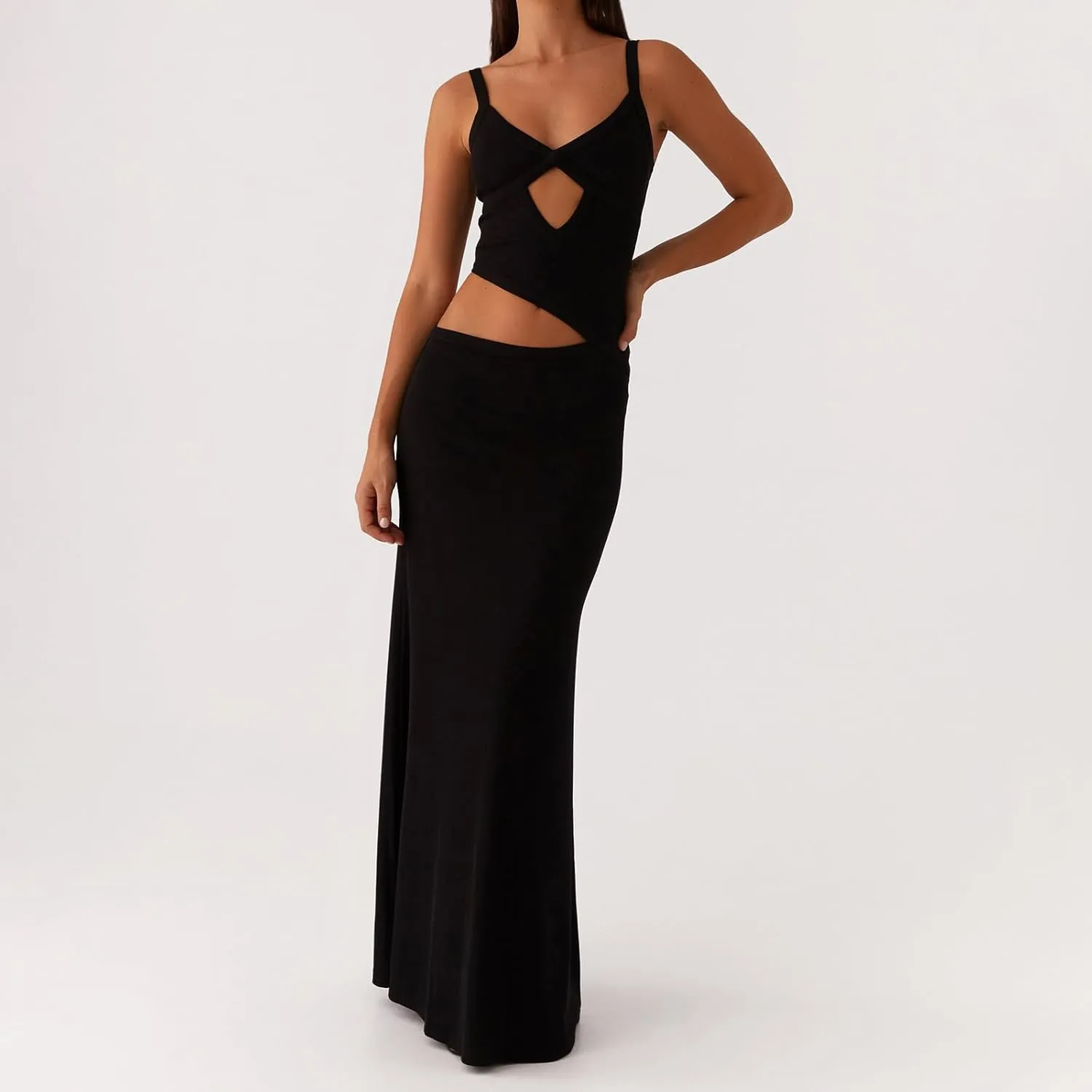 Women Sexy Spaghetti Strap Maxi Dresses Cutout Bodycon Cami Long Slip Dress Sleeveless Backless Slim Fit Cami Dress