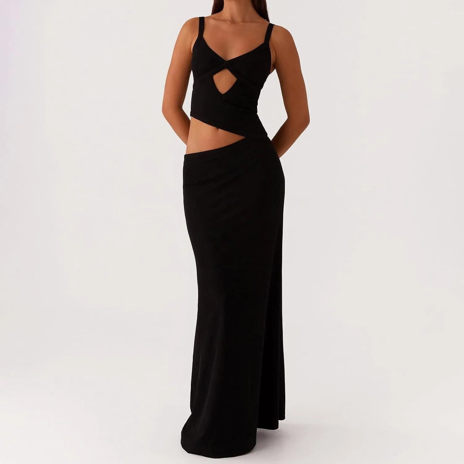 Women Sexy Spaghetti Strap Maxi Dresses Cutout Bodycon Cami Long Slip Dress Sleeveless Backless Slim Fit Cami Dress