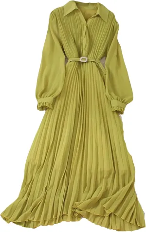 Women Spring Pleated Long Dress Vintage Turn-Down Collar Single Breasted Puff Sleeve High Waist Draped Maxi Dress