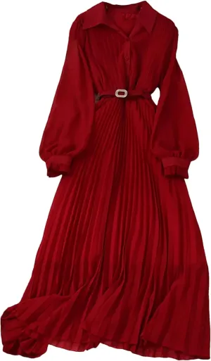 Women Spring Pleated Long Dress Vintage Turn-Down Collar Single Breasted Puff Sleeve High Waist Draped Maxi Dress